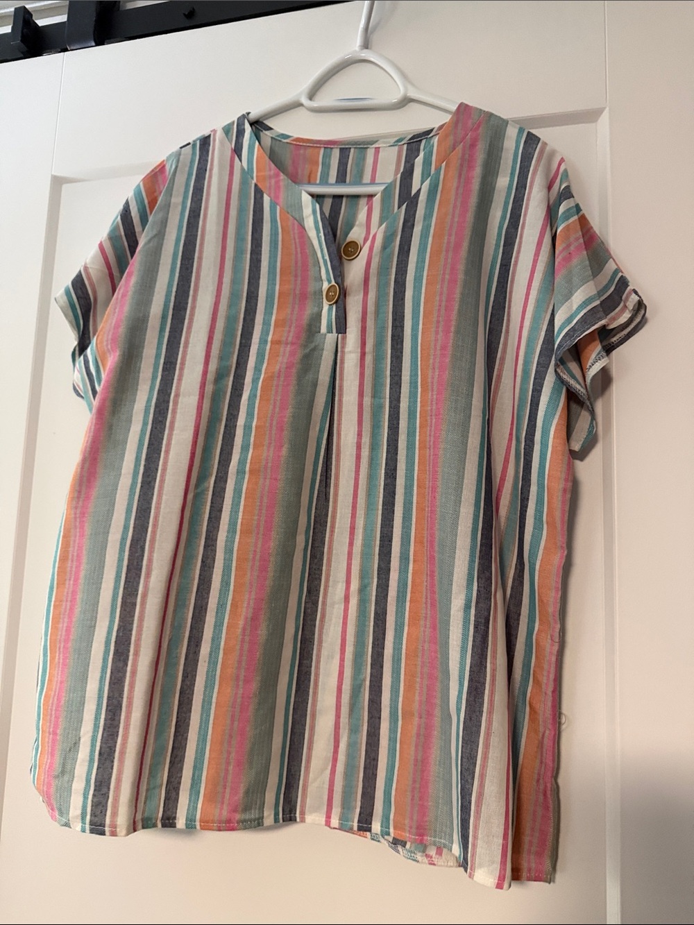 Striped Short Sleeve Button-Accent Top - Multicolor